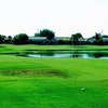 A view from tee with water on the right at Greenfield Lakes Golf Course