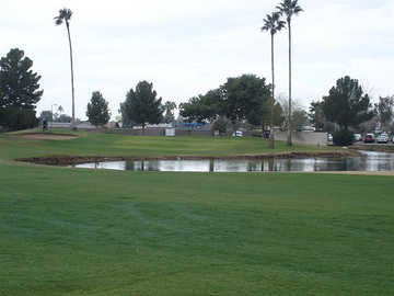 A view of the 18th hole at Villa de Paz Golf Course